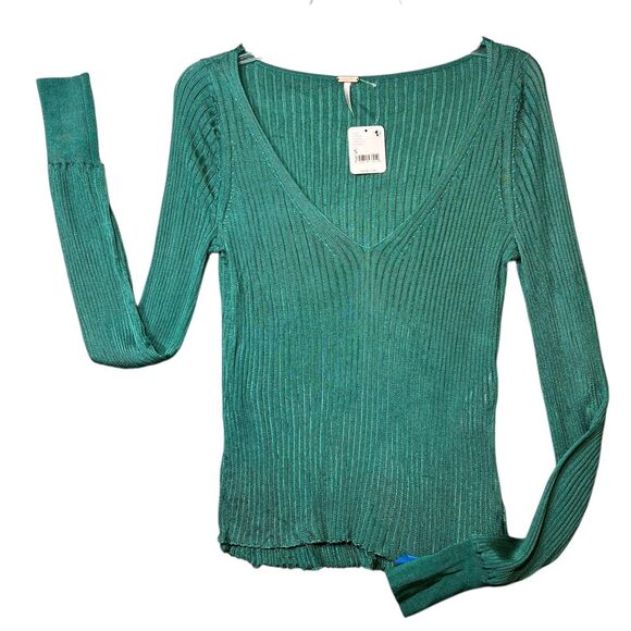 Free People Sweater Womens Small Green Ribbed V-Neck Long Sleeve Knit OB1361173 - Picture 2 of 13